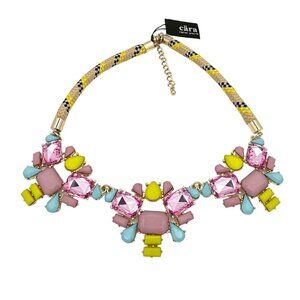 NWT Cara New York Pink Green Stone Cluster Rope Statement Bib Necklace